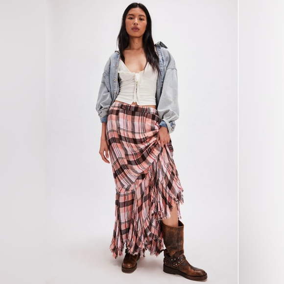 Free People Bordeaux Plaid Maxi Skirt - Picture 1 of 12